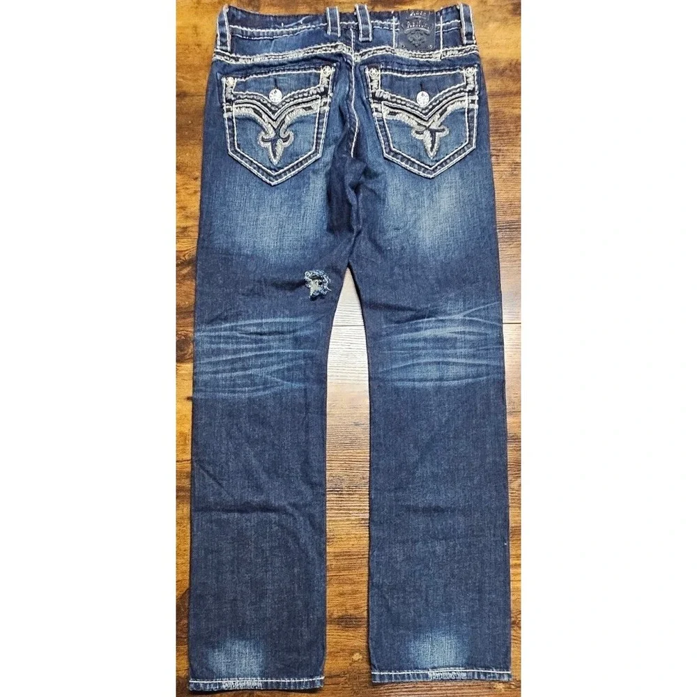 Rock Revival Jeans 34x35 Straight Dark Blue Premium Distressed Designer Denim